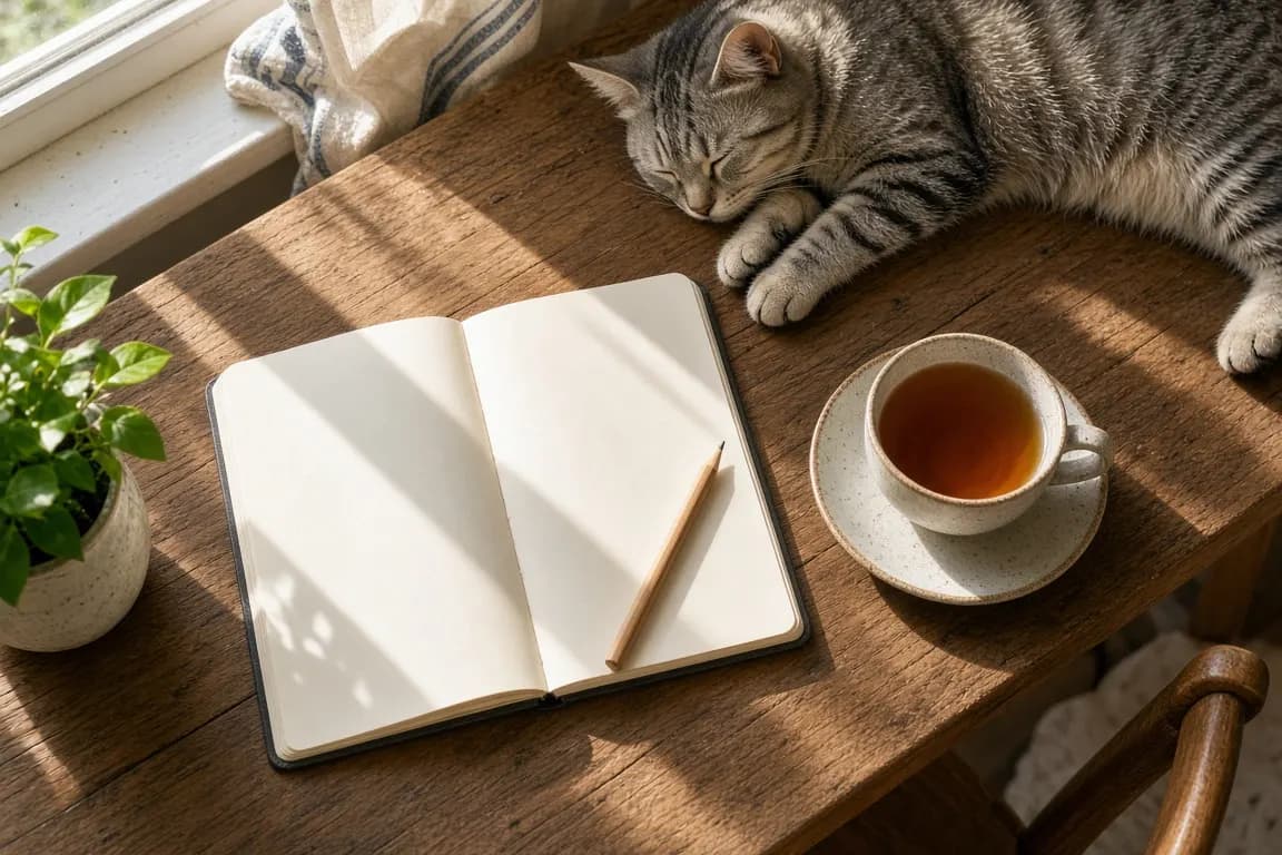 A notebook, a cup of tea and a sleeping tabby cat on a sunny kitchen table