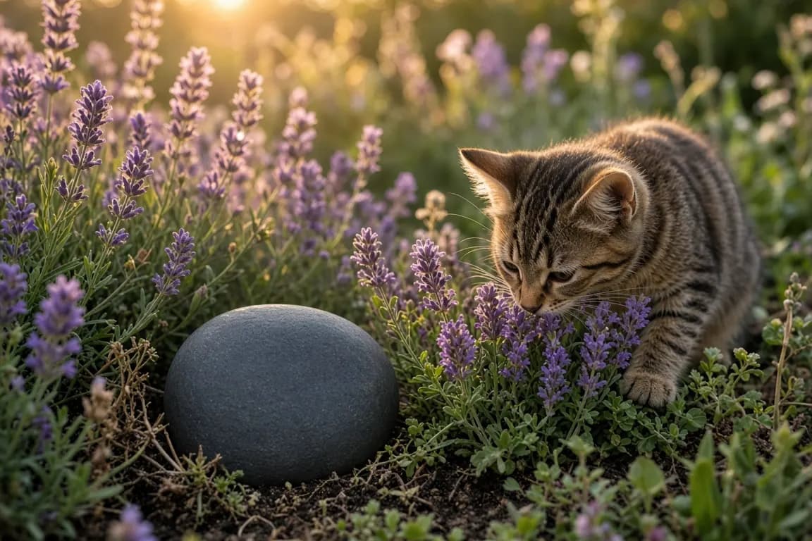 A small engraved slate stone among lavender and catmint in a late-summer cottage garden, with a young tabby cat sniffing the flowers