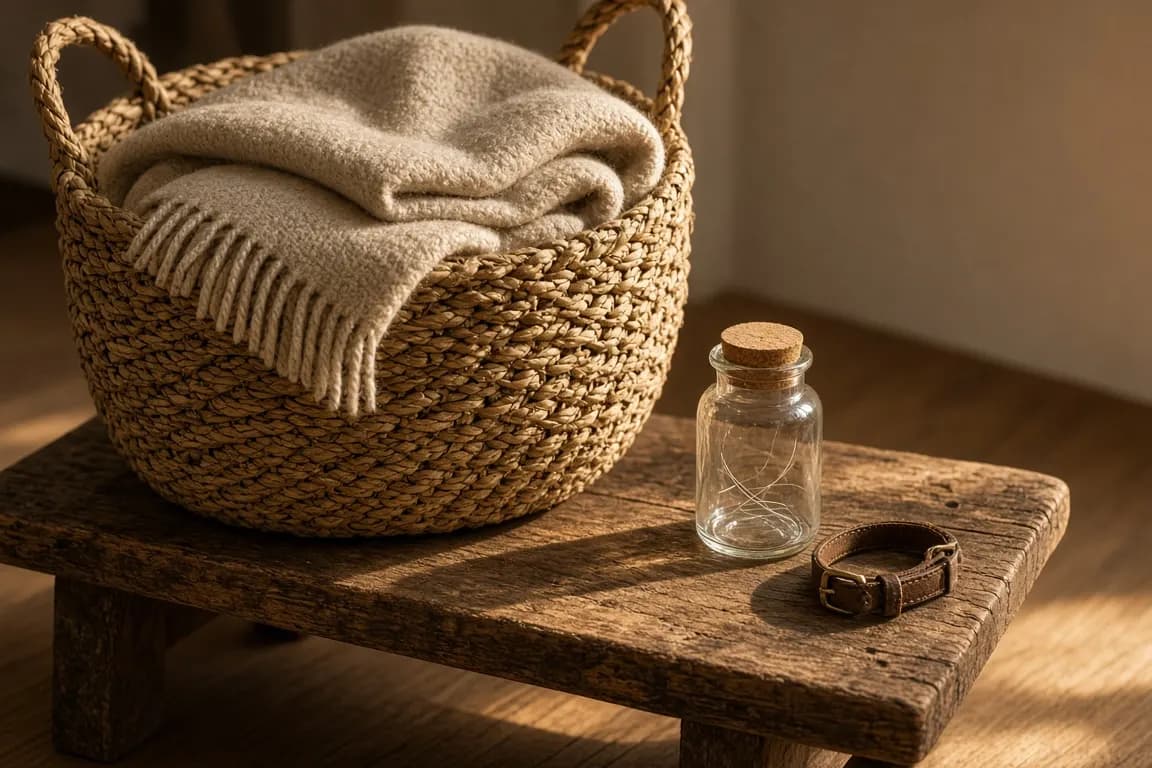 A soft wool blanket folded in a woven basket beside a small glass jar holding a few white whiskers and a leather collar