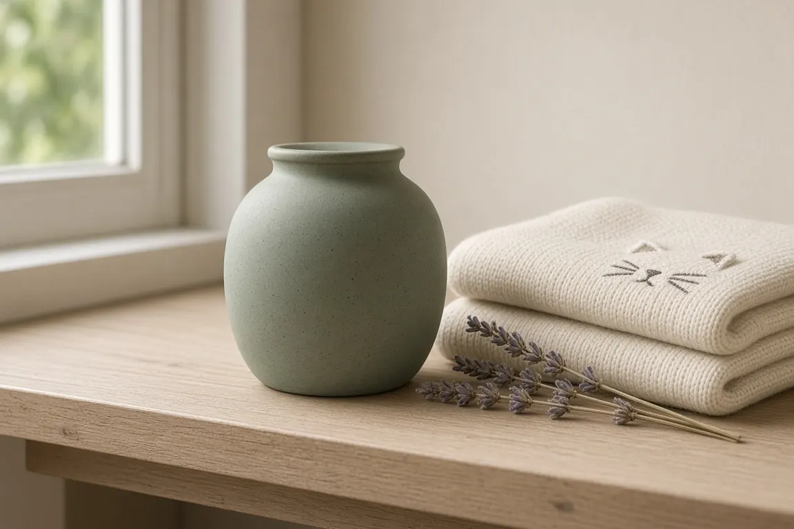 A small matte ceramic urn beside a folded knitted blanket and a sprig of dried lavender on a pale wooden shelf