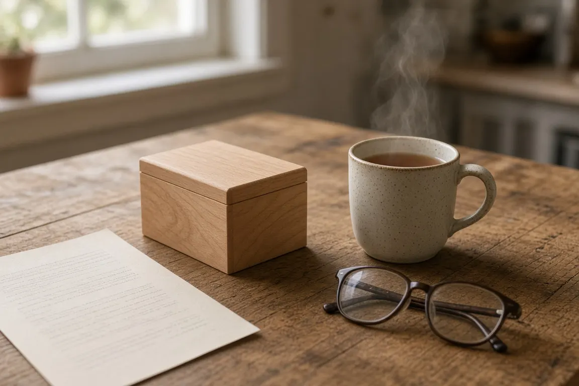A printed price list and a small cedar cat urn on a kitchen table beside a mug of tea and reading glasses