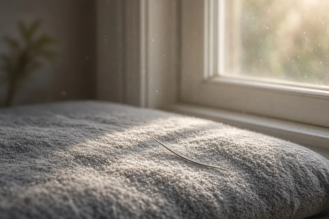 An empty cushioned window perch in morning light with a single gray cat whisker resting on the fabric