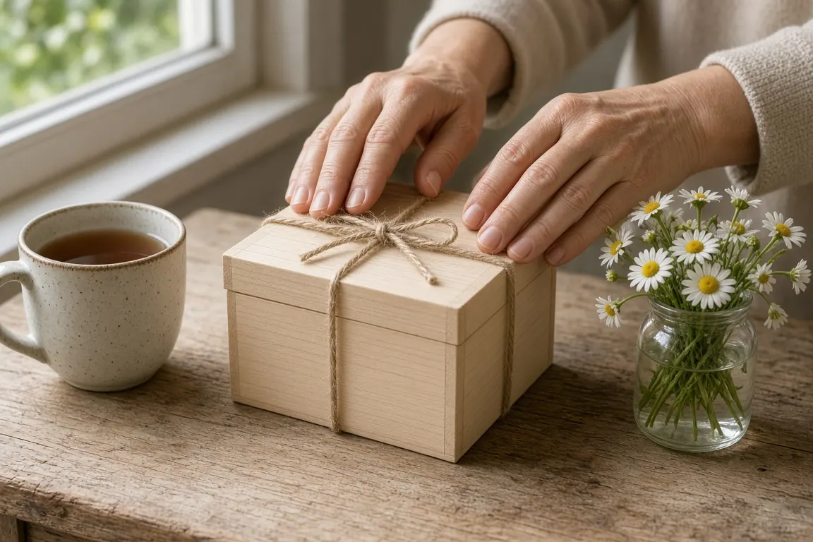 Hands resting on a small wooden box tied with twine on a kitchen table beside a mug of tea