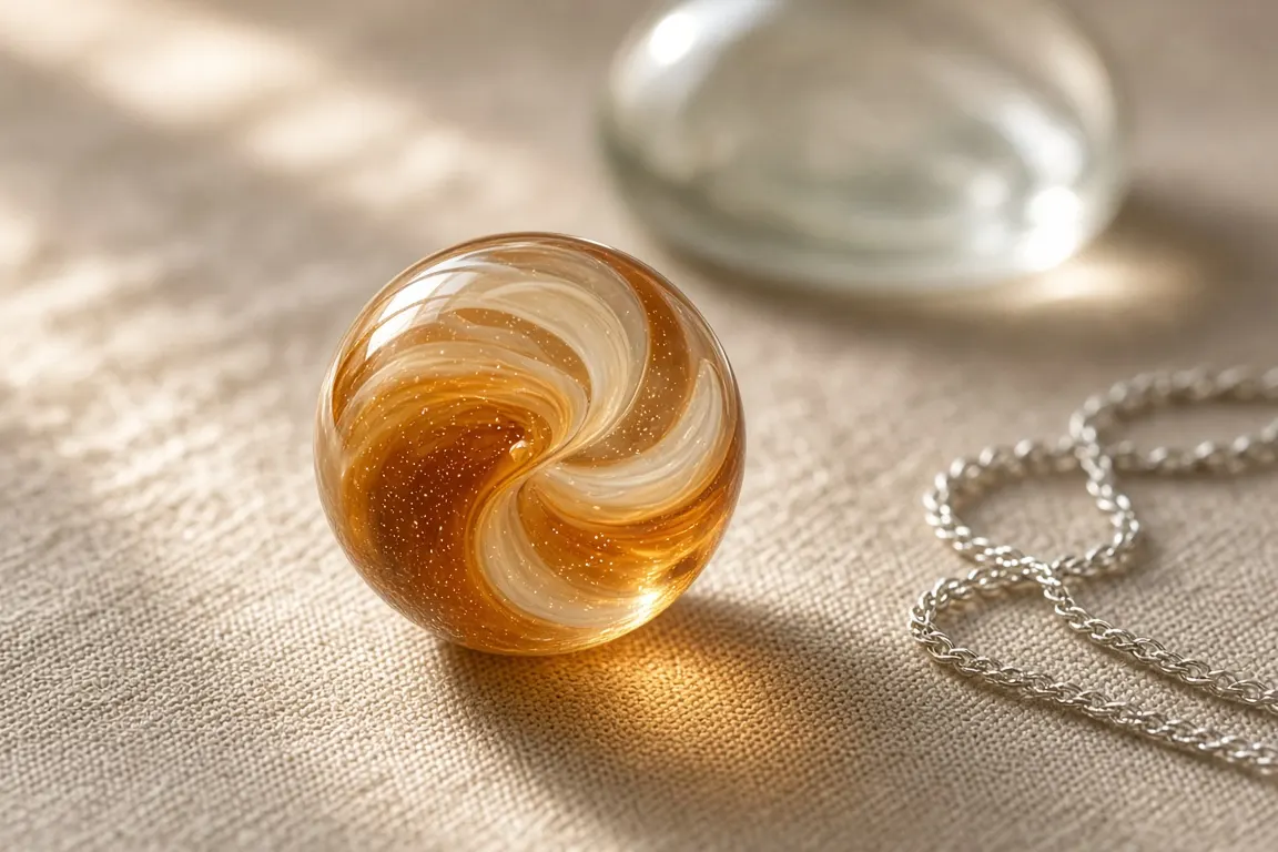 A hand-blown glass bead with ginger and cream swirls resting on a linen cloth next to a small silver chain