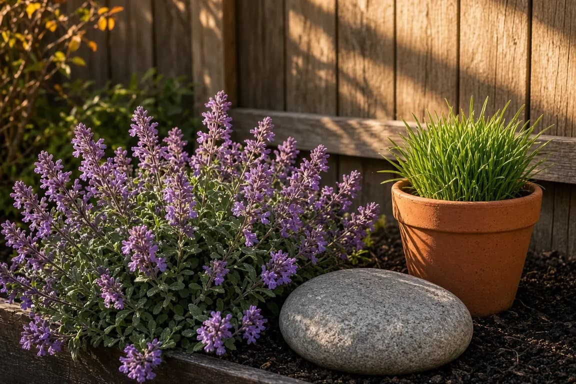 A small bed of flowering purple catmint beside a flat engraved garden stone in late-afternoon light