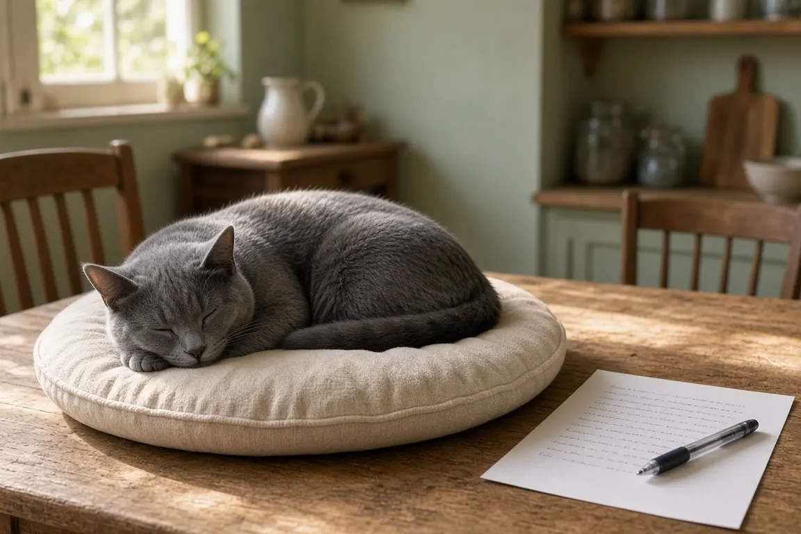 A senior gray cat dozing on a cushion beside a handwritten one-page plan and a pen on a sunny kitchen table