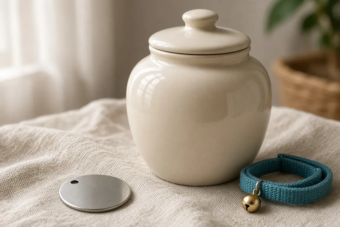 A palm-sized ceramic urn next to a steel ID disc and a folded cat collar on a linen cloth