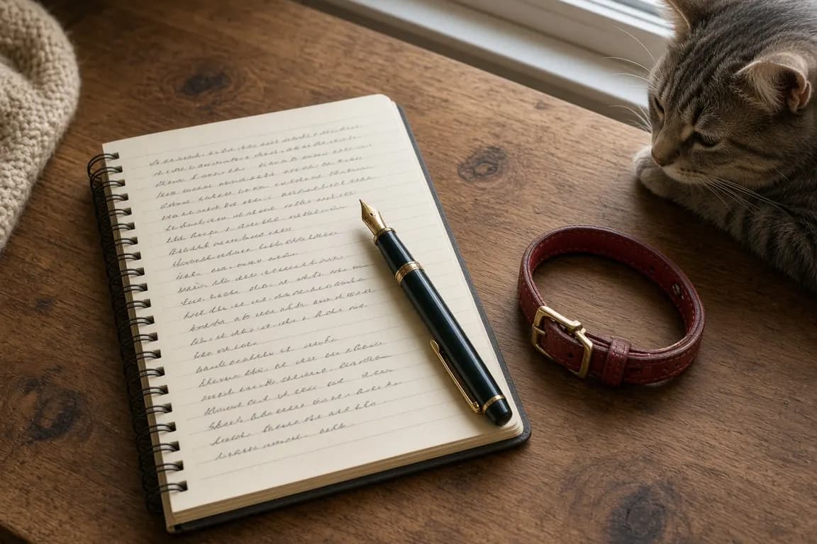 An open notebook with a handwritten question list, a pen and a red cat collar on a wooden desk by a window