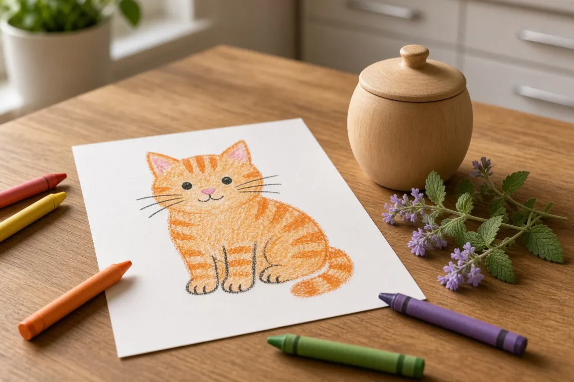 A child's crayon drawing of an orange cat on a kitchen table beside a small wooden urn and a sprig of catmint