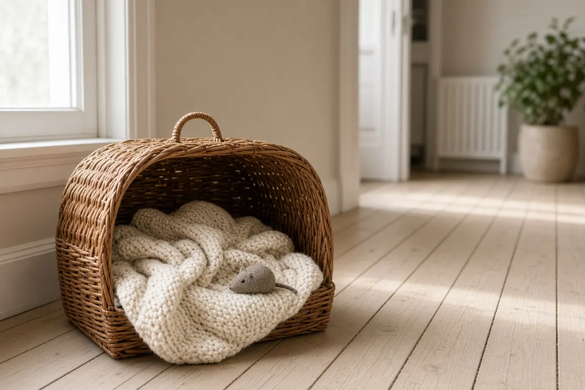 An open wicker cat carrier lined with a cream knitted blanket on a wooden floor in soft morning light