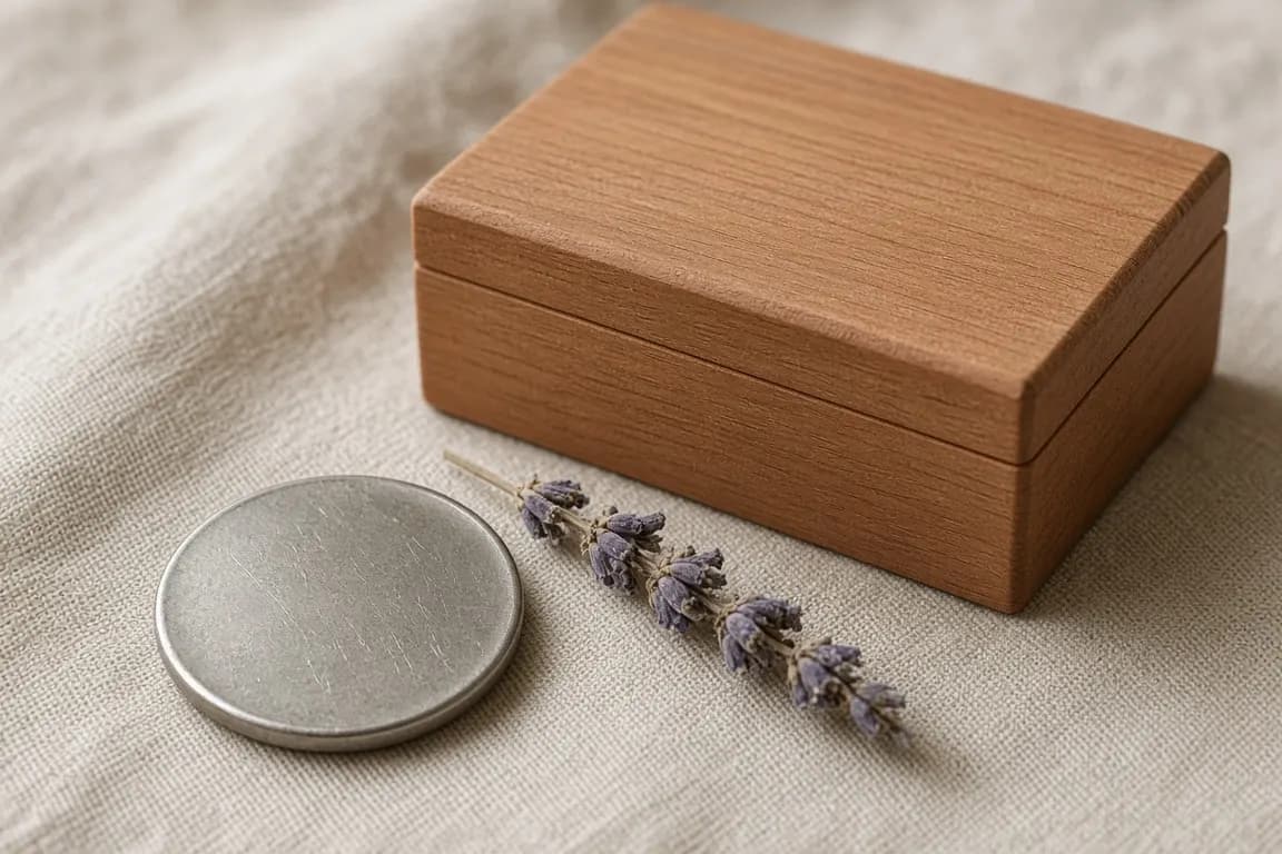 A small round stainless steel ID disc beside a closed cedar box on a linen cloth