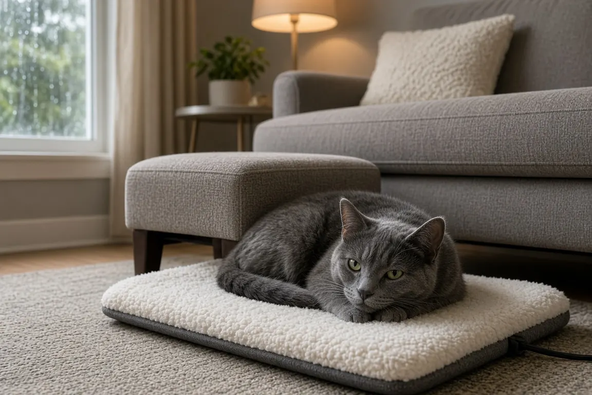 An elderly gray cat with a slightly thin face resting on a heated pad beside a low footstool leading to a sofa