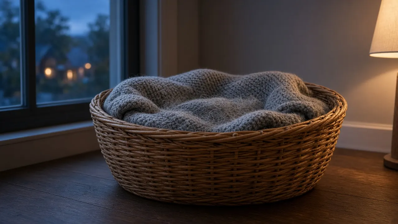 A grey cat's woven basket with a folded knitted blanket beside a window at dusk