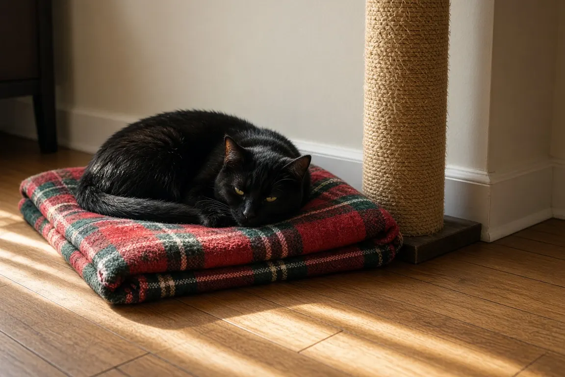A black cat curled up on a folded plaid blanket in a sunlit corner beside a sisal scratching post