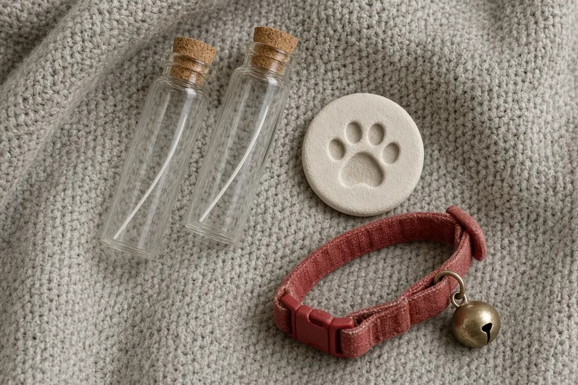 Two small corked glass vials, each holding a single white cat whisker, lying on a folded grey knit blanket