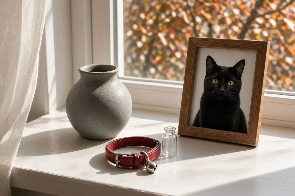 A small grey ceramic urn, a framed photo of a black cat and a red collar with a bell arranged on a sunlit painted windowsill