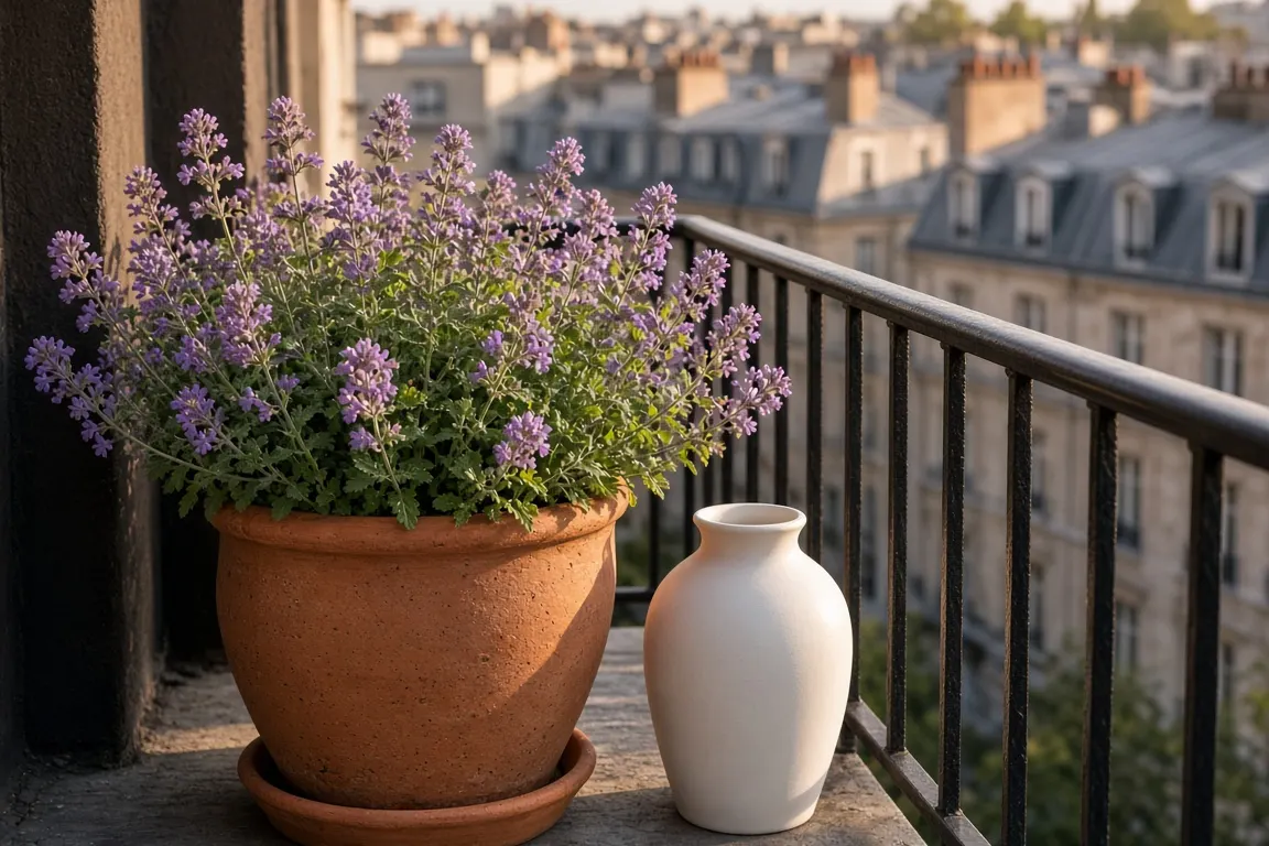 A terracotta pot of flowering catmint on a narrow city balcony beside a small ceramic urn in late afternoon light