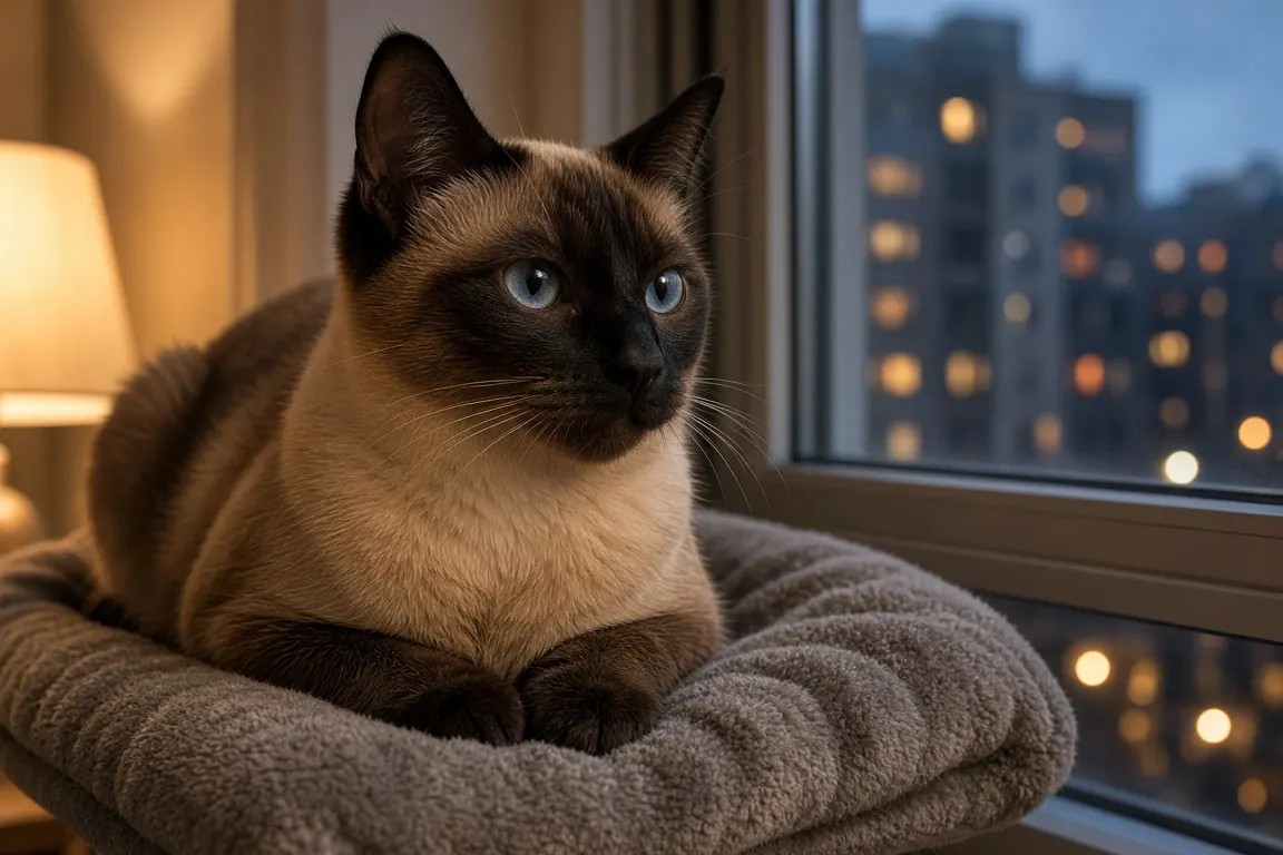 A Siamese cat resting on a soft blanket on a city apartment window perch at dusk, with blurred building lights outside