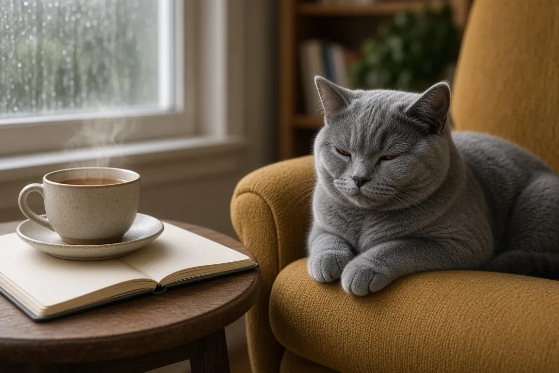 A grey British Shorthair cat asleep on the arm of a reading chair beside an open notebook and a cup of tea