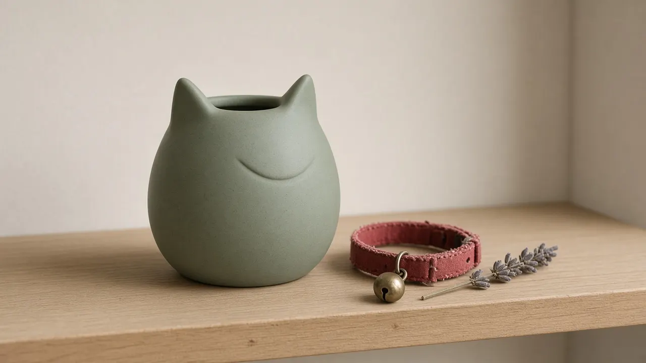 A small round ceramic urn beside a faded red cat collar with a bell on a wooden shelf
