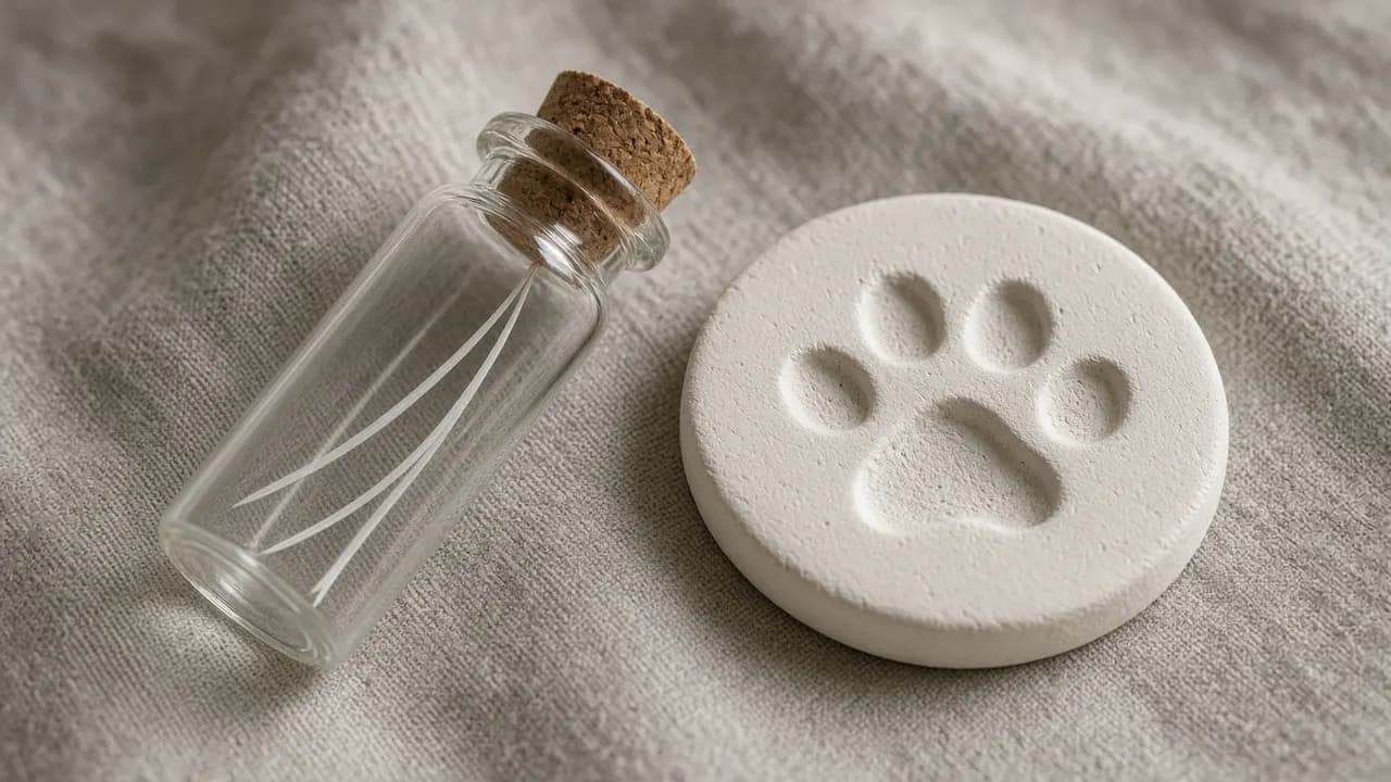 A tiny corked glass vial holding three white cat whiskers next to a clay paw print