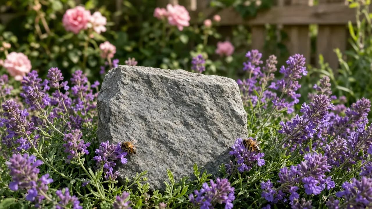 A small slate memorial stone among lavender and catmint in an English cottage garden