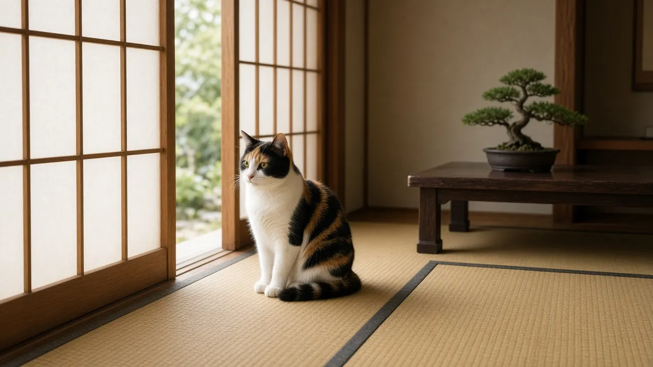A calico cat sitting on a tatami mat by a sliding paper screen in soft morning light