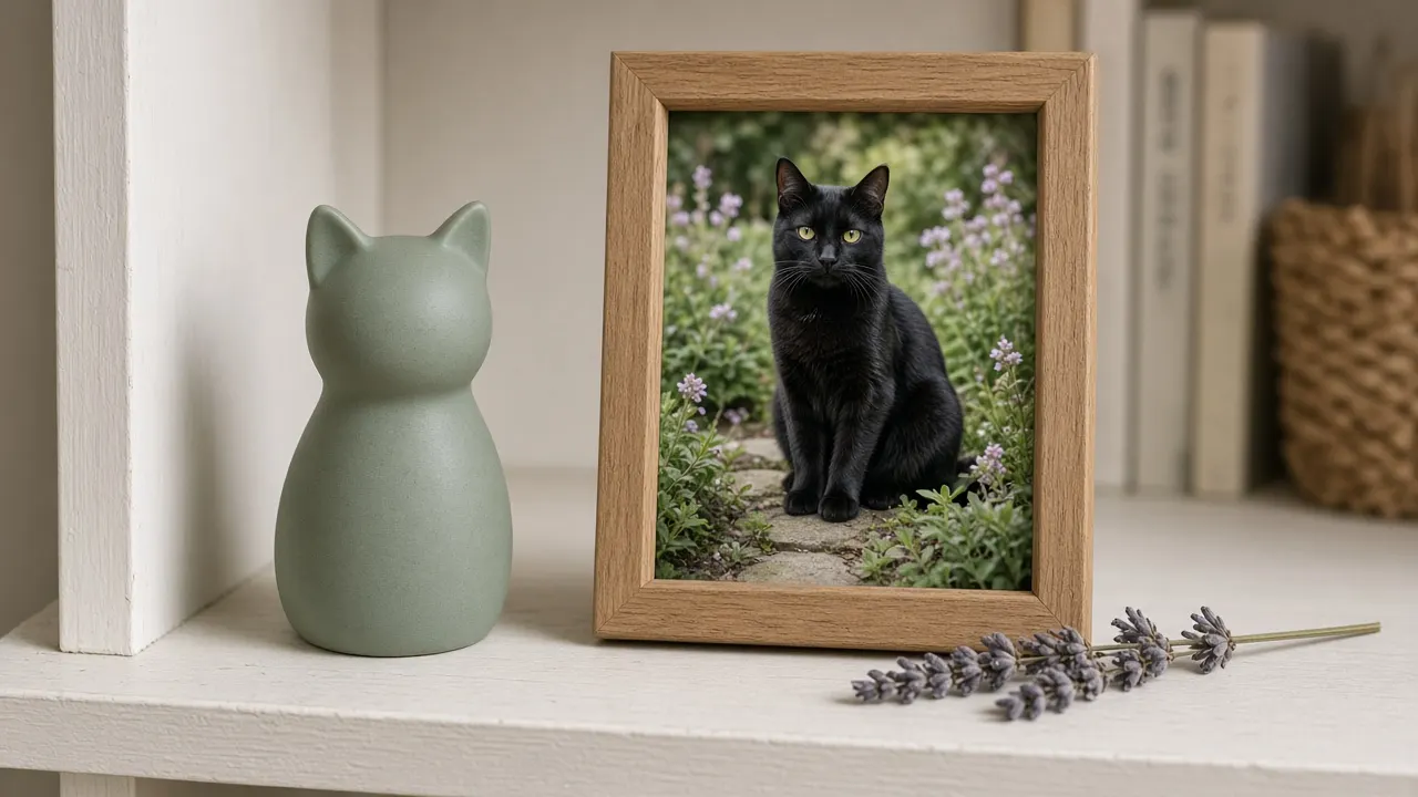 A small ceramic urn, a framed photo of a black cat and a sprig of lavender on a white bookshelf