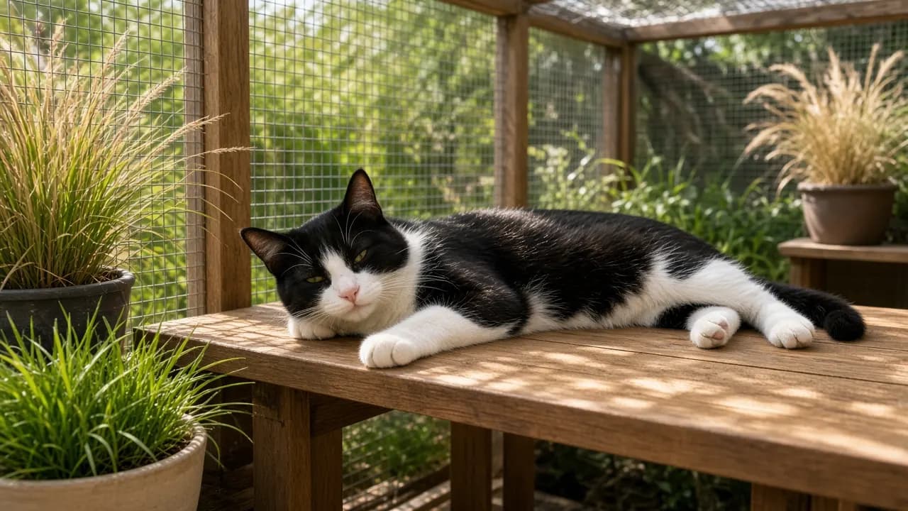 A black-and-white cat stretched out in an enclosed wooden catio surrounded by potted grasses in summer