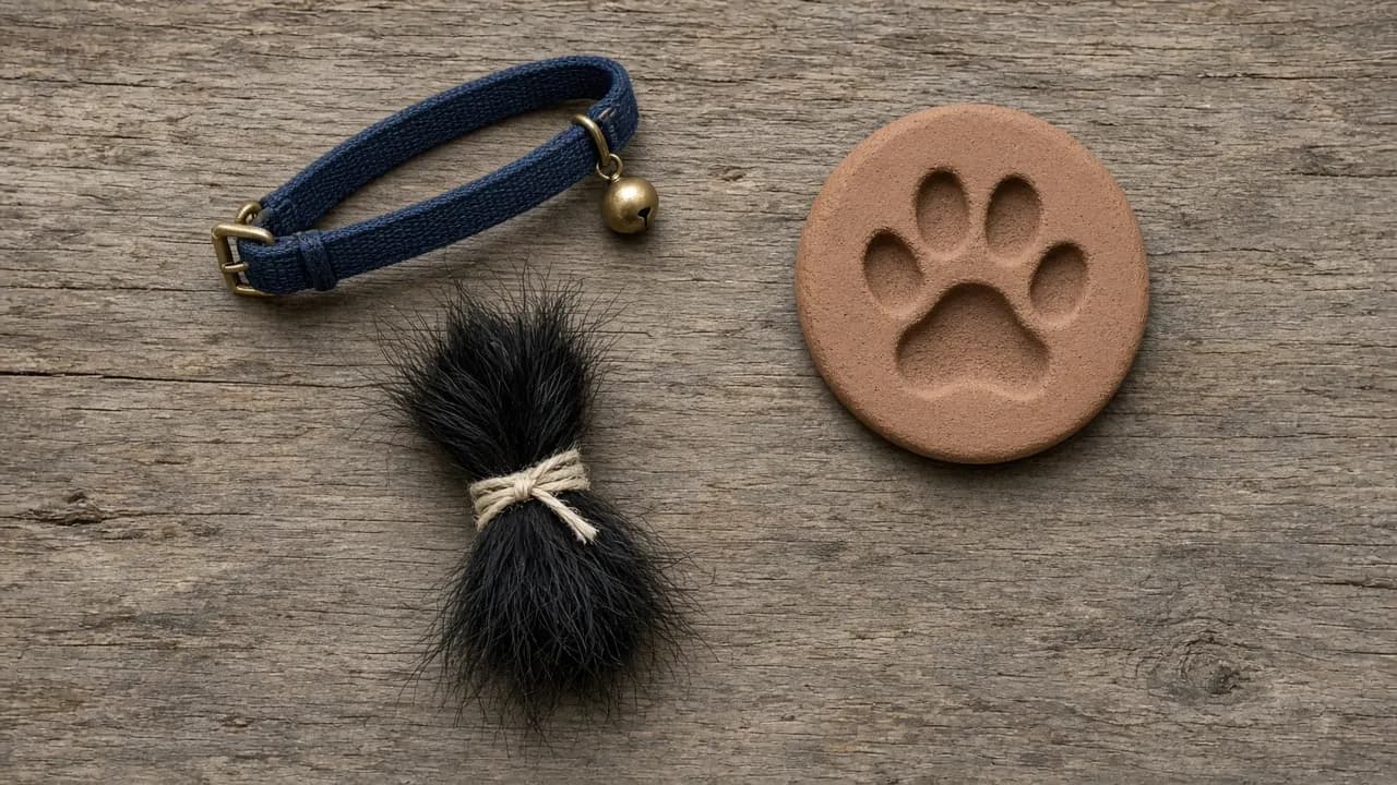 A small brass bell on a blue cat collar, a lock of black fur tied with thread and a clay paw print on a table