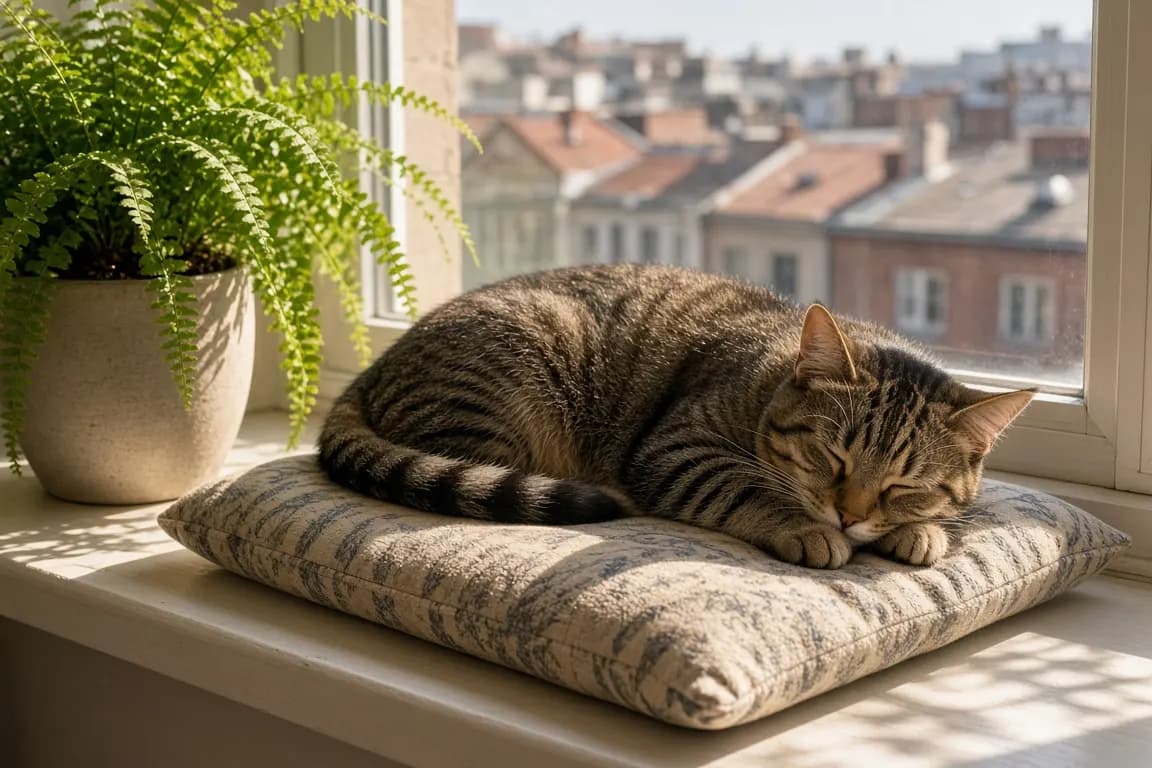 A tabby cat curled on a sunny windowsill cushion beside a potted fern
