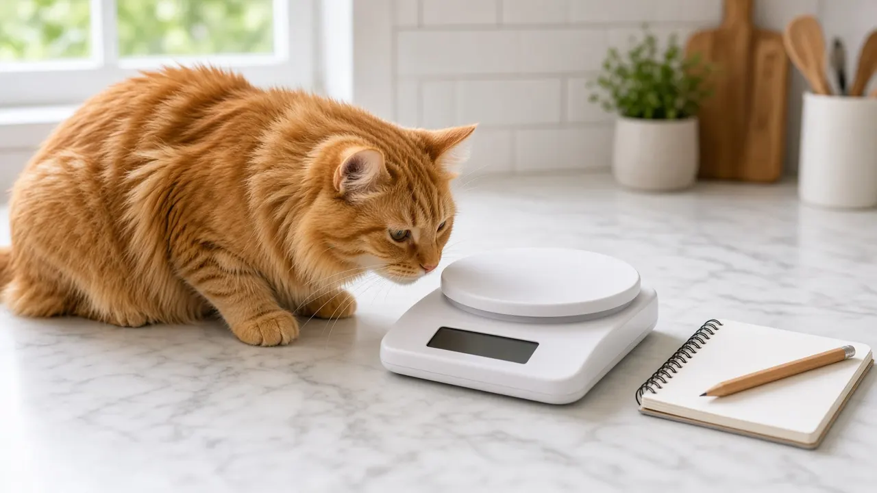 A ginger cat sniffing a small kitchen scale on a counter beside a notebook