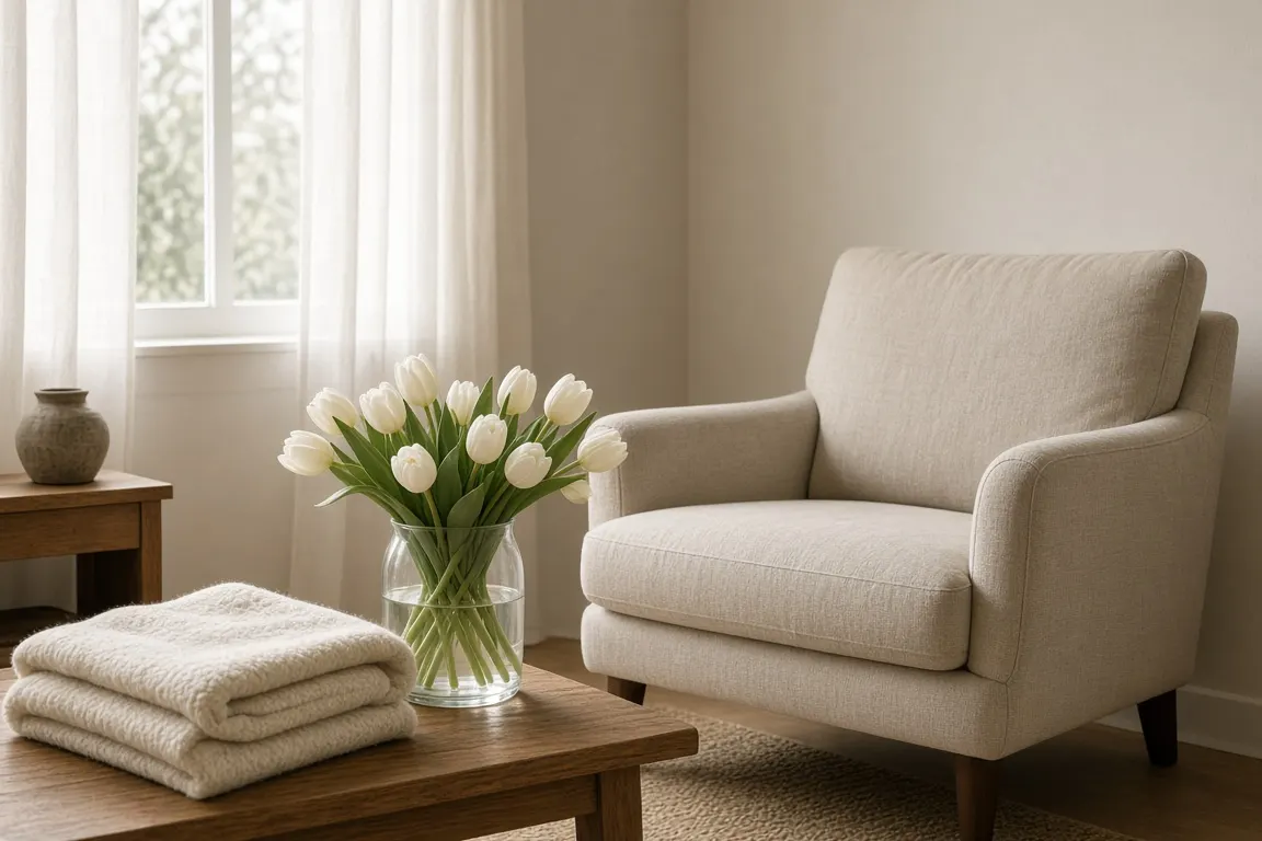 A quiet family room with a soft armchair, a folded cream blanket and a vase of white tulips