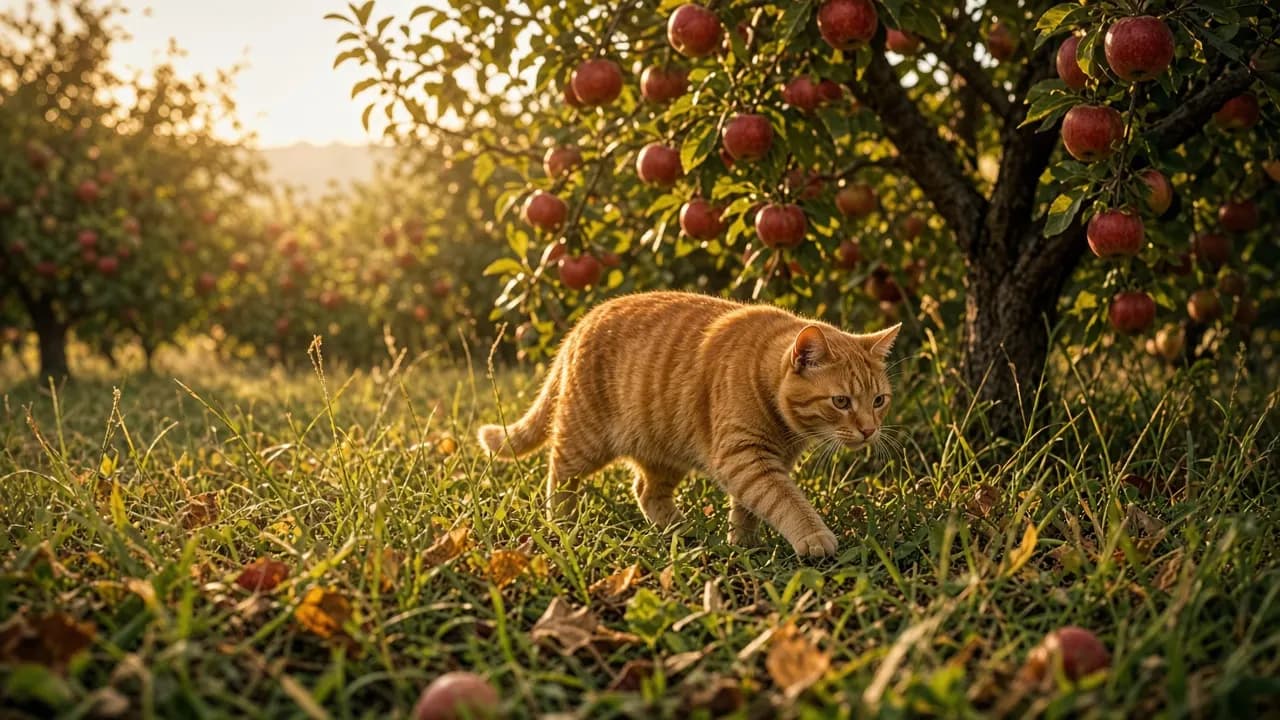 A ginger barn cat walking through long grass in an apple orchard at golden hour