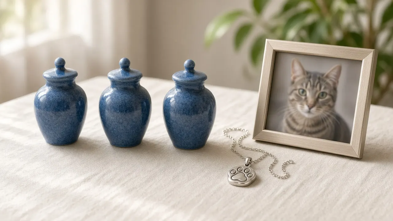 Three small matching keepsake urns and a silver paw-shaped pendant arranged on a linen tablecloth beside a framed cat photo
