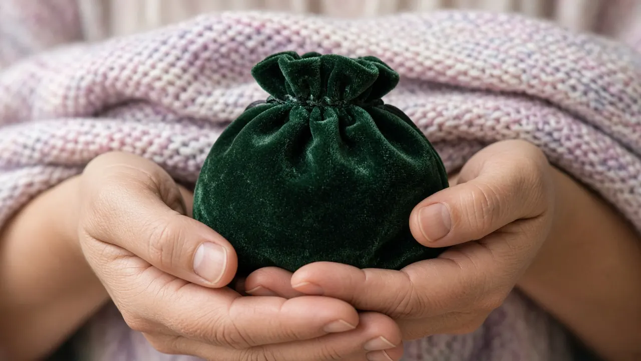 A small velvet pouch resting in two cupped hands above a folded knitted cat blanket