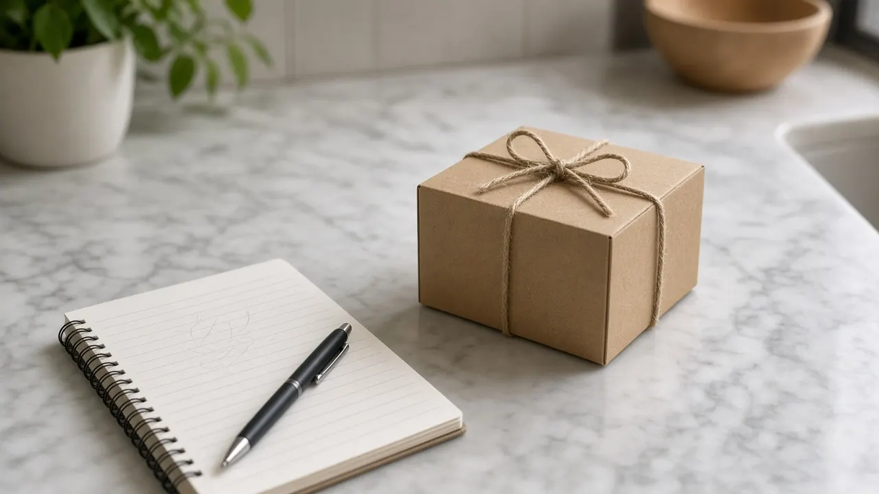 A handwritten itemized list, a pen and a small cardboard cat urn box on a kitchen counter