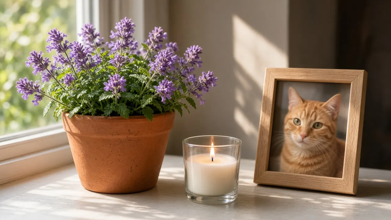 A terracotta pot of flowering purple catmint on a sunny windowsill with a lit white candle and a framed cat photo