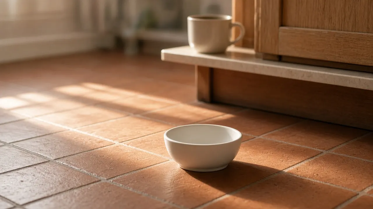 A single ceramic cat bowl on a kitchen floor in early morning light, a mug of coffee on the counter above