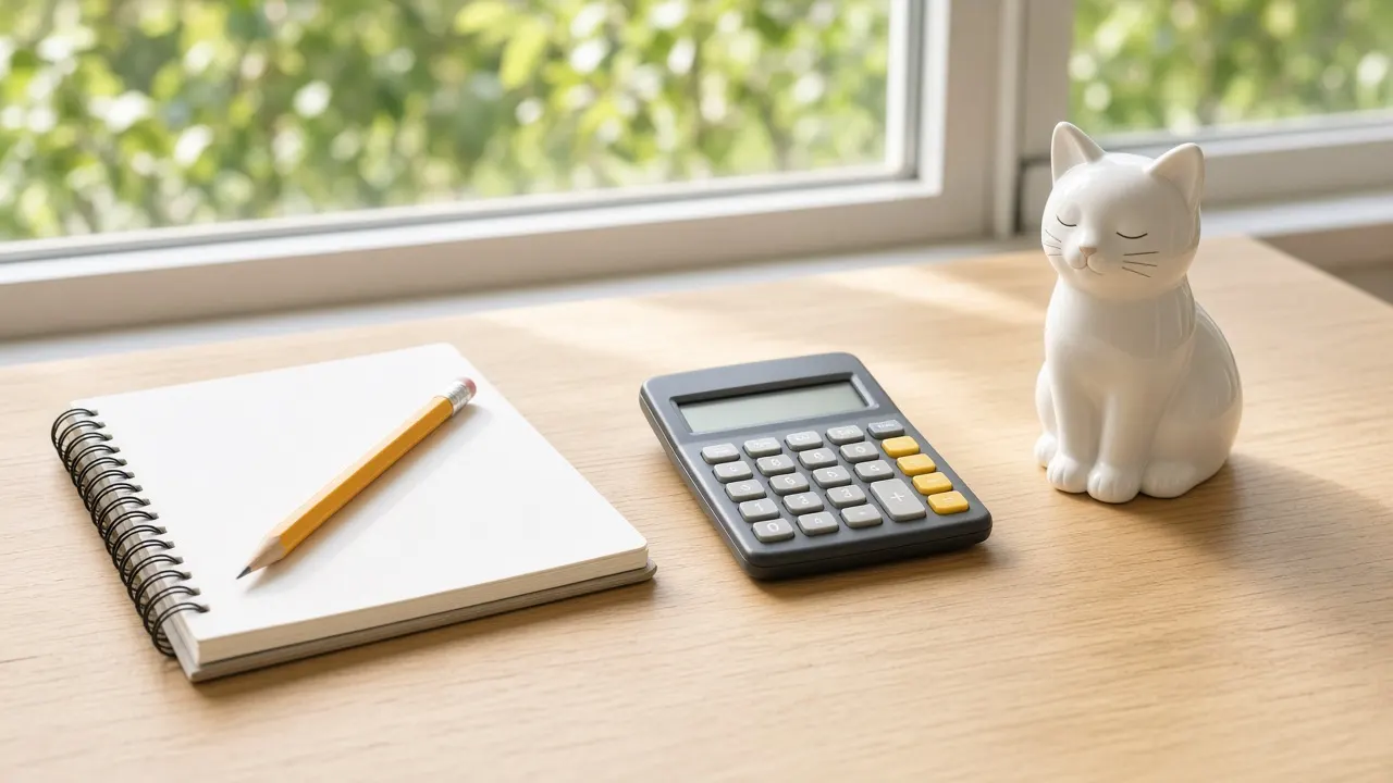 A spiral notebook with a pencil, a calculator and a small ceramic cat figurine on a wooden desk by a window