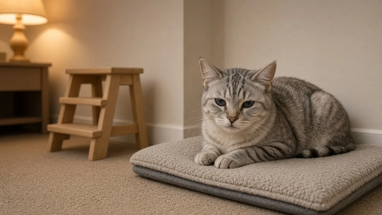 A senior silver tabby cat with cloudy eyes resting on a heated pad in a quiet corner of a living room