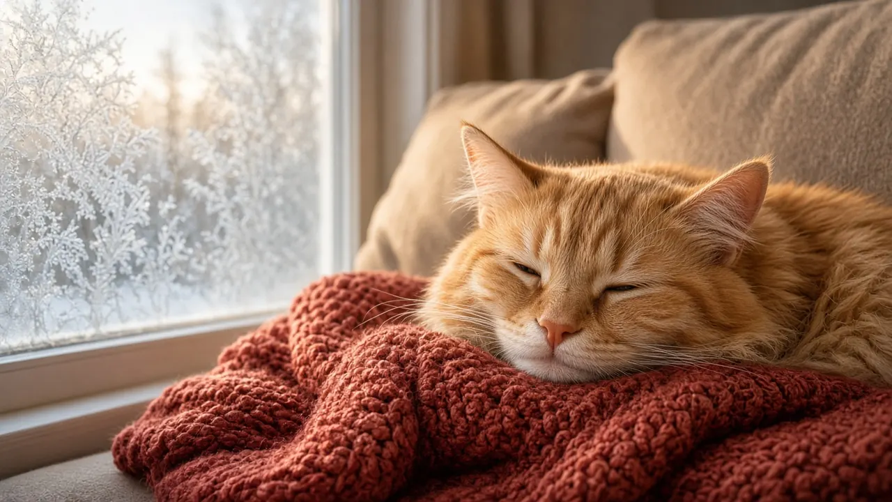 An elderly ginger cat with a greying chin dozing on a wool throw beside a sunny window