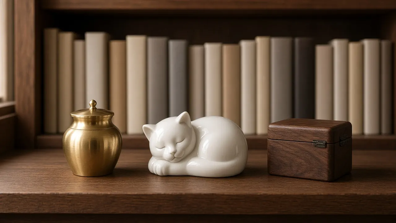 Three small cat urns of different sizes in wood, ceramic and brass lined up on a bookshelf