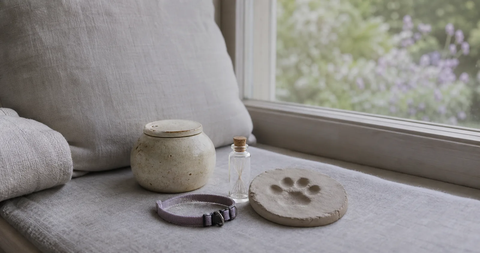 Cat remembrance objects — AI-created editorial image, not a real facility